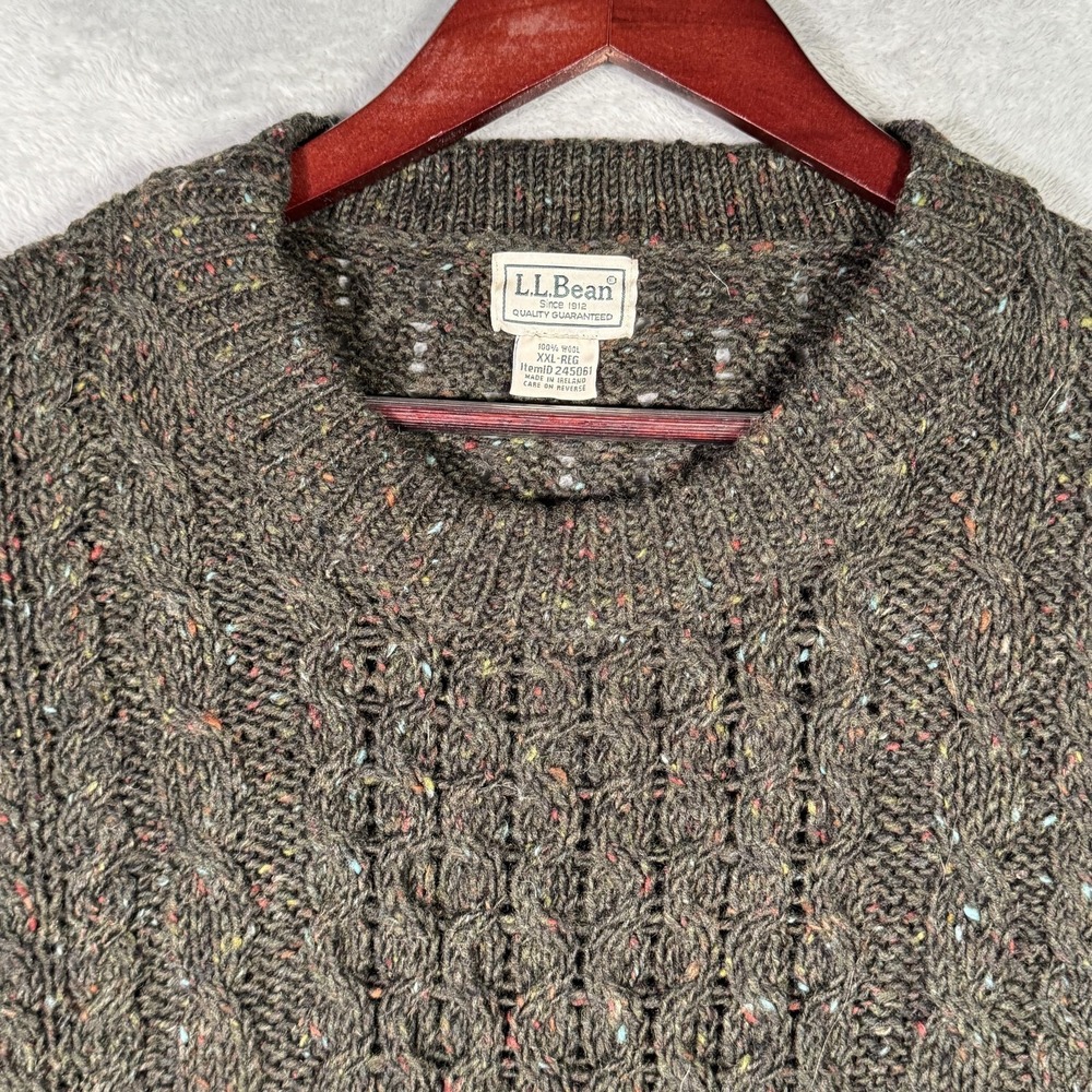 LL Bean Sweater Mens 2XL Brown Wool Donegal Cable Knit Crewneck Ireland Heritage